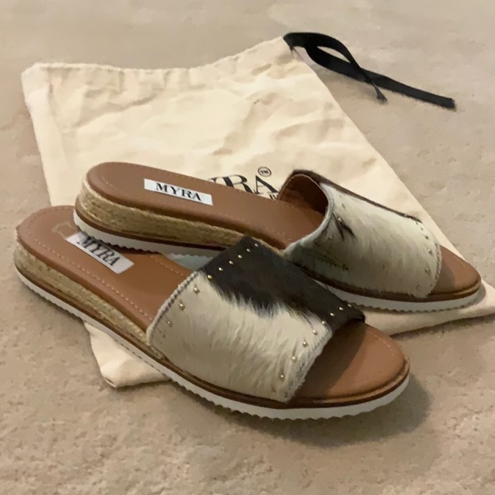 Myra Bag Women's Brown and White Slide Sandals